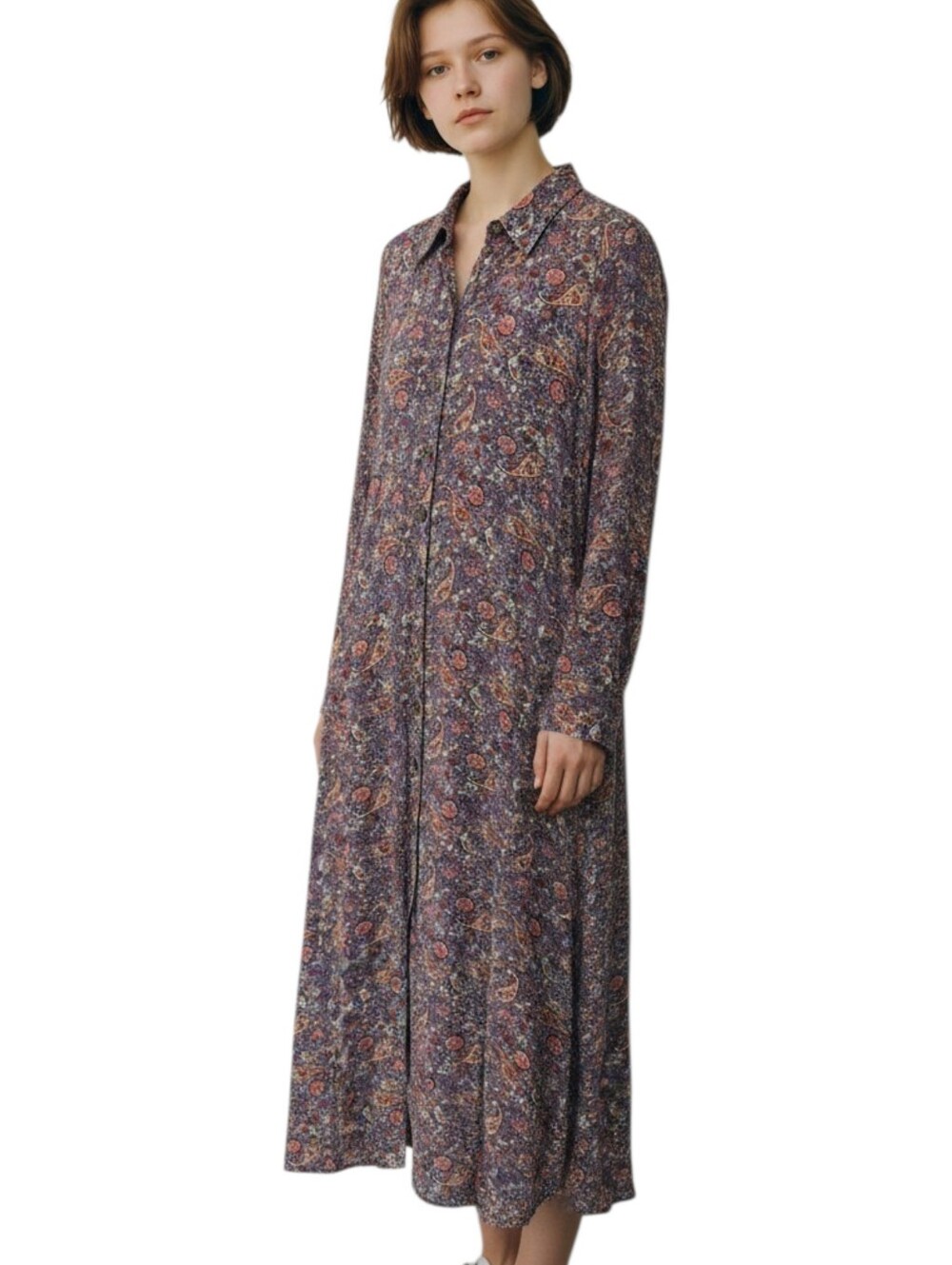 Natural Life Maxi Shirtdress Size Medium Purple Paisley Floral Long Sleeve